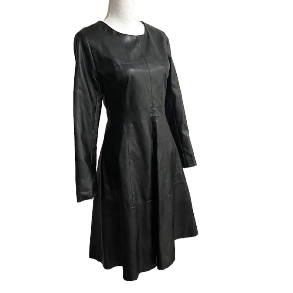 Vegan Leather A-Line Fit-and-Flare Midi Dress w/ Long Sleeves NWT (2XL A…